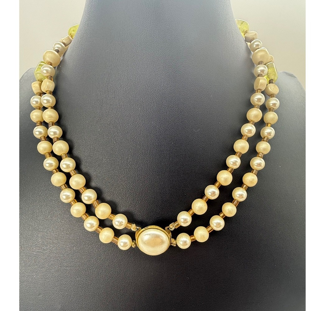 Soft Yellow Vintage Double Strand Faux Pearl Necklace Art Glass Beads MCM 60s